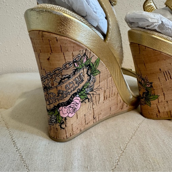 COACH Ellete Tatoo Gold Wedge Sandals 9B - Picture 2 of 11